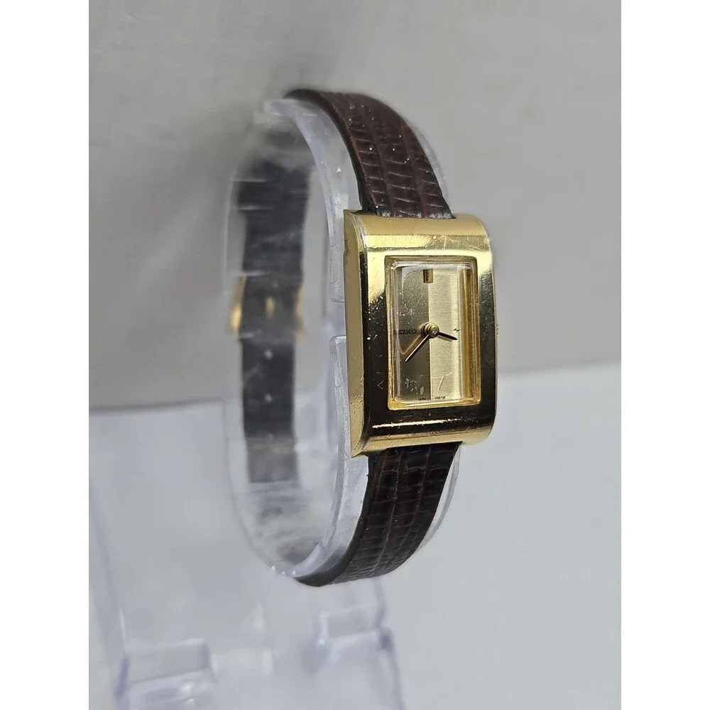 Rare Vintage Seiko Womens Tank Dress Watch Gold Tone Manual Winding Leather Runs
